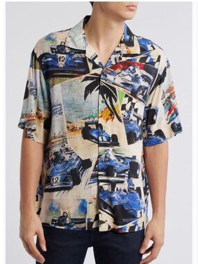 Hugo Boss Espino Race Car Print Camp Short Sleeve Shirt New